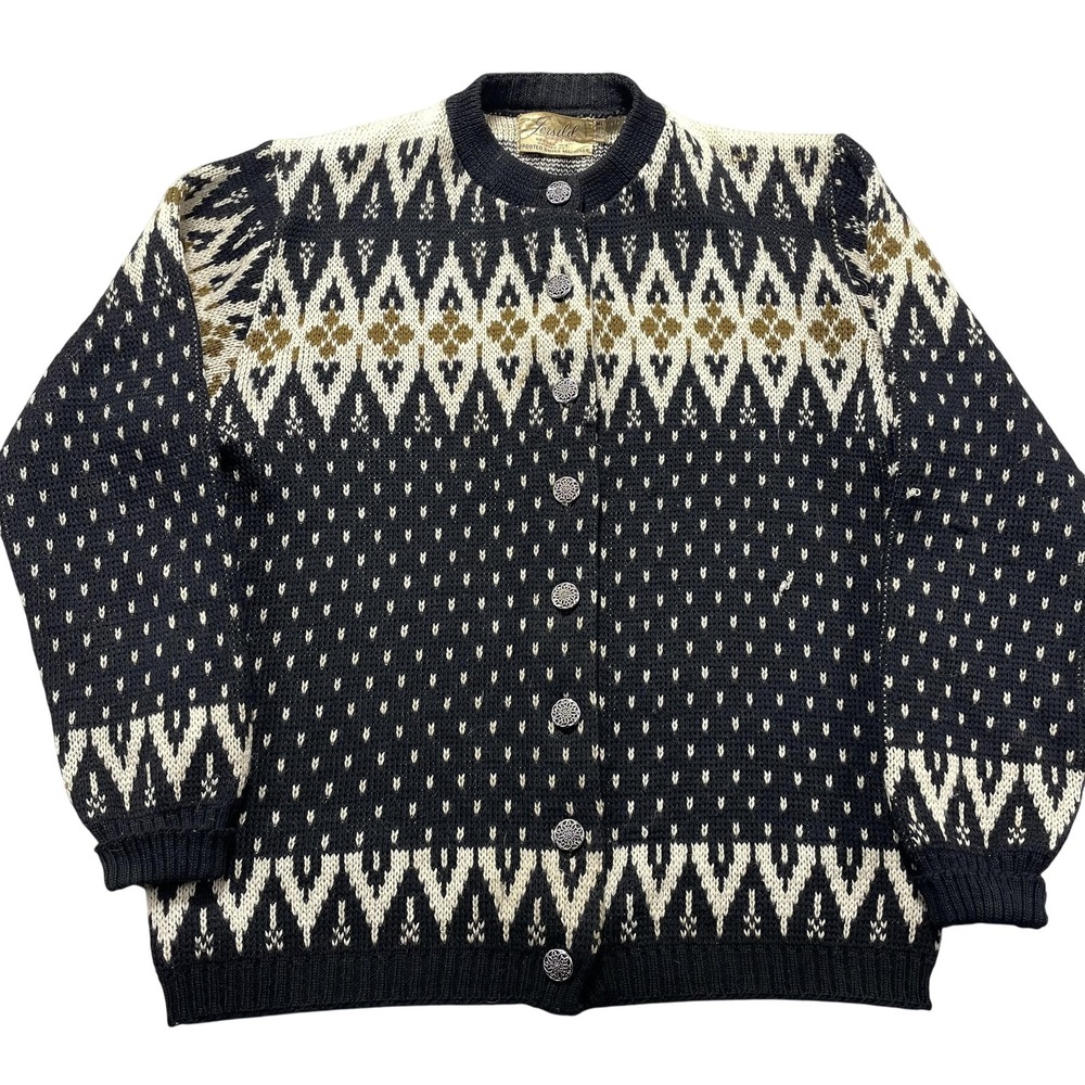 Vintage Jersild Sweater Cardigan Womens M Black Wool Fair Isle Button Front